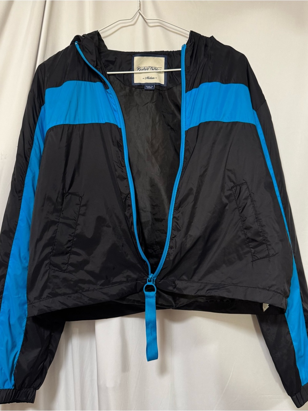 Reserve Fairfax Athletic Black and Bright Blue Hooded Windbreaker cropped Jacket
